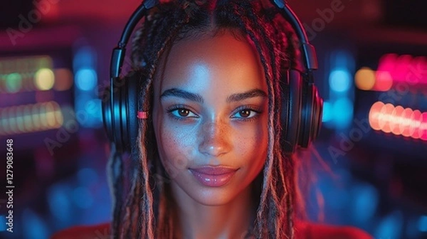 Fototapeta A passionate female singer performs on stage, illuminated by warm glowing lights, her soulful voice captivating the audience as she sings into the microphone, creating an intimate and emotional atmosp