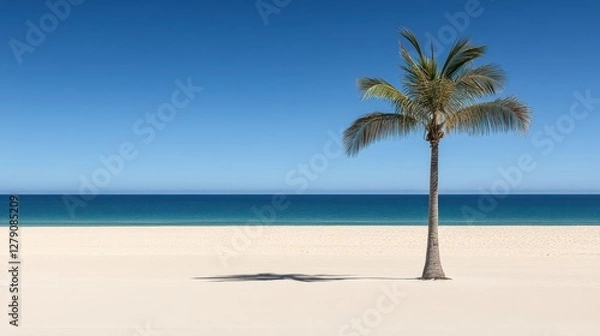 Obraz Arafed palm tree stands gracefully on a sandy beach, framed by a vibrant blue ocean that stretches into the horizon, offering a tropical paradise ambiance.