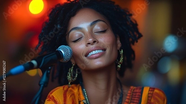 Obraz A passionate female singer performs on stage, illuminated by warm glowing lights, her soulful voice captivating the audience as she sings into the microphone, creating an intimate and emotional atmosp