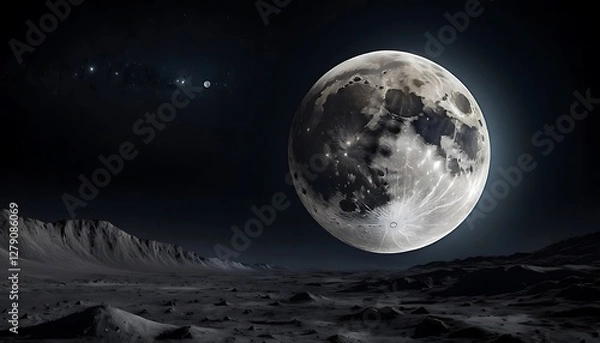 Fototapeta Dramatic Moonscape with Glowing Moon and Dark Lunar Surface