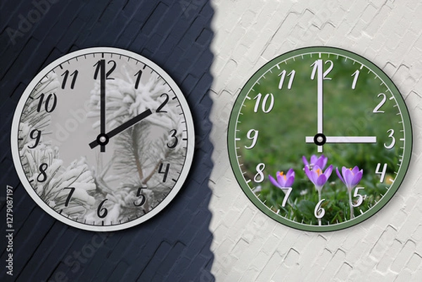 Fototapeta Two wall clocks against a white brick wall, divided in half by a shadow. The transition of time, the change to daylight saving time, the shift to summer time, moving the hands forward.