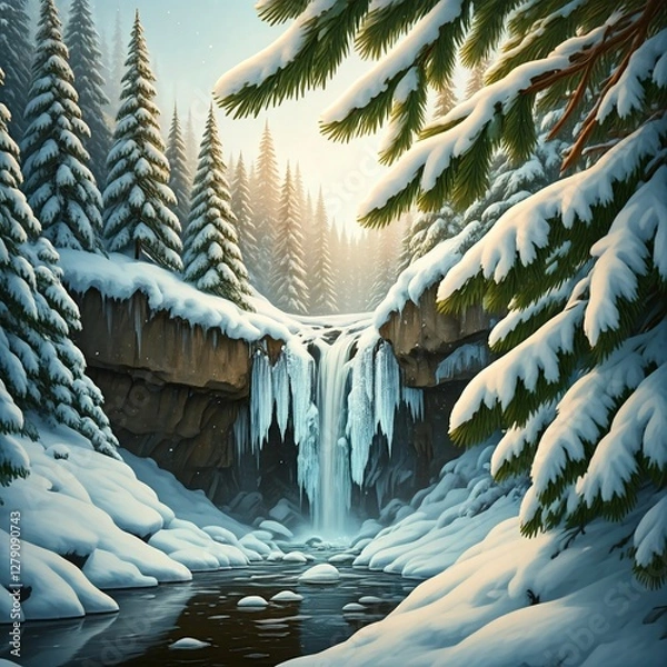 Obraz A Frozen Waterfall with Pine Trees Surrounding