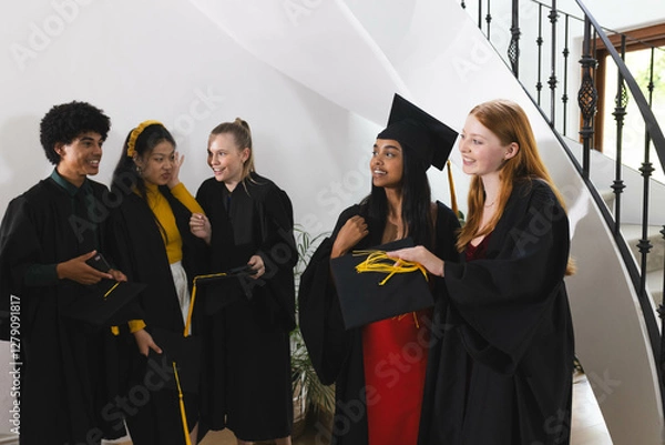 Obraz Graduating diverse students in caps and gowns celebrating together with joy and laughter, at home