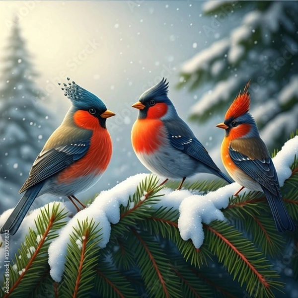 Obraz Birds Perched on Snow-covered Branches