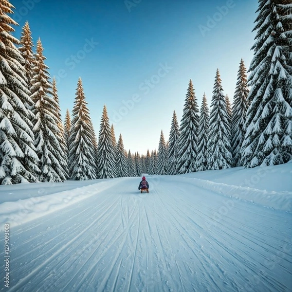Obraz Sledding Hill Covered with Snow and Christmas Trees