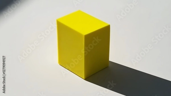 Fototapeta Bright Yellow Cube Casting Sharp Shadow on Clean White Surface Plain Background