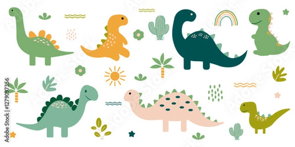 Fototapeta Cute Dino set with trees, plants, and other elements.