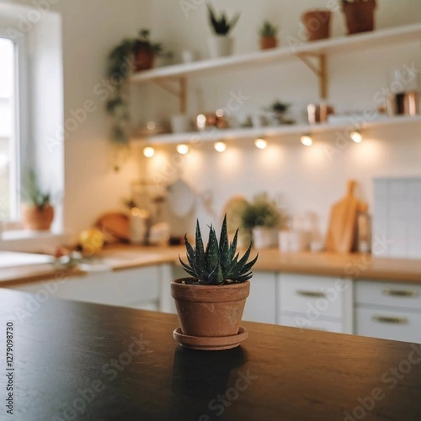 Obraz Dark kitchen countertop with a blurred background of a bright, modern kitchen, featuring plants, shelves, and warm lighting, creating a cozy atmosphere