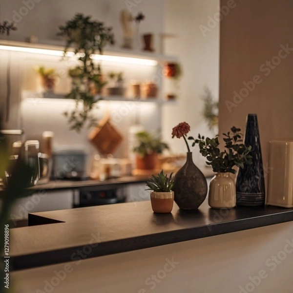 Obraz Dark kitchen countertop with a blurred background of a bright, modern kitchen, featuring plants, shelves, and warm lighting, creating a cozy atmosphere