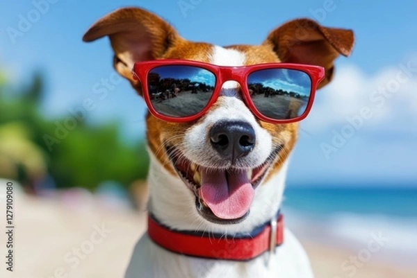 Fototapeta A stylish dog sports sunglasses and a red collar while relaxing on the beach, embodying a fun and carefree summer vibe.