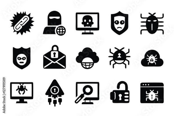 Fototapeta Create 15 edgy, vector icons depicting common cyber threats and hacking activities.  Design should be sharp and modern.