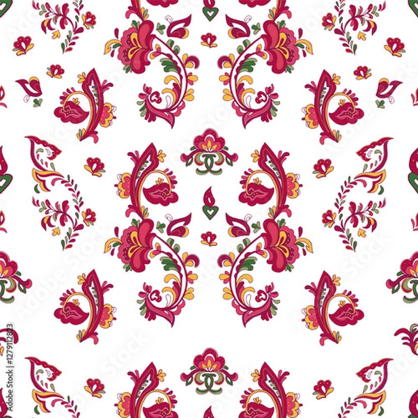 Fototapeta Seamless vector pattern with norwegian folk ornament. Rosemaling style. Hand drawn illustration. Background for greeting card, website, printing on fabric, gift wrap, postcard and wallpapers. 