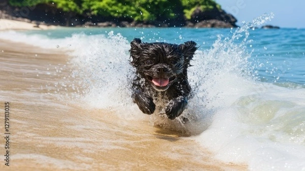 Fototapeta A joyful dog splashes through the water at the beach, embodying playfulness and freedom in a vibrant coastal setting.