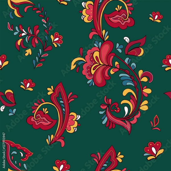 Fototapeta Seamless vector pattern with norwegian folk ornament. Rosemaling style. Hand drawn illustration. Background for greeting card, website, printing on fabric, gift wrap, postcard and wallpapers. 
