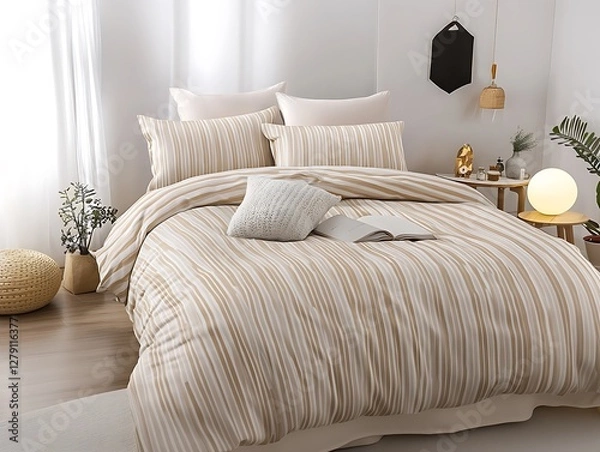 Obraz there is a bed with a striped comforter and pillows on it