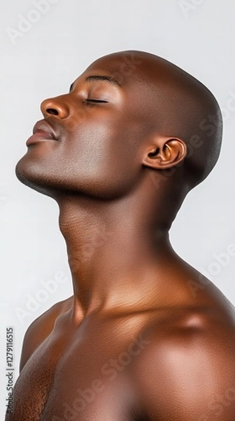 Fototapeta Serene portrait of a young Black man with a shaved head, his eyes closed in peaceful contemplation against a neutral background.