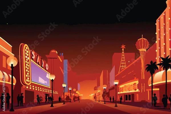 Fototapeta Generate a vibrant, nighttime image of a bustling casino strip, showcasing bright neon lights, towering buildings, and crowds of people.  Focus on the dazzling spectacle of illuminated signage.