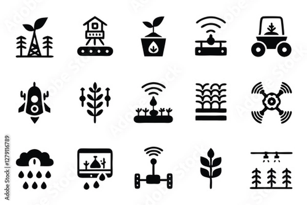 Fototapeta Design a vibrant icon pack representing smart agriculture and Agritech, featuring futuristic farming technology elements.