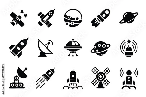 Fototapeta Create a high-resolution icon pack depicting 15 diverse elements of space exploration and aerospace technology.  Include rockets, satellites, planets, astronauts, and space stations.