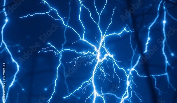 Fototapeta A cold and ethereal visualization of white and cyan electrical sparks running through dark branches, evoking a supernatural winter energy effect