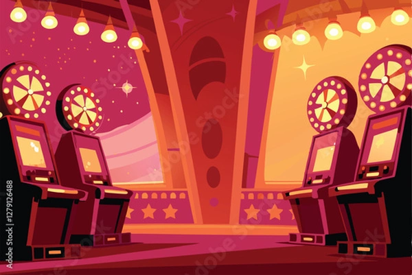 Fototapeta Create a vibrant retro casino vector illustration featuring a vintage slot machine, incorporating classic design elements like cherries and sevens.