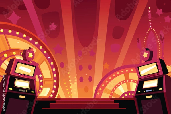 Fototapeta Create a vibrant retro casino vector illustration featuring a vintage slot machine, cherries, and a classic Vegas vibe.  Include sparkling lights and a stylized art deco background.