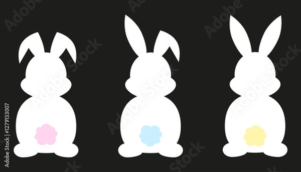 Fototapeta White silhouettes of Easter bunnies with colorful ponytail. Set of different rabbits silhouettes. Cutie bunnies. Vector. EPS 10