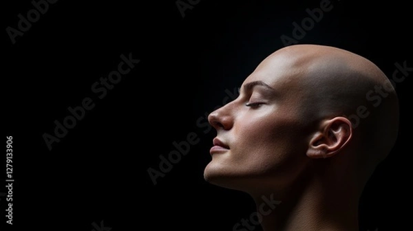 Fototapeta Serene bald woman, eyes closed, profile view against a dark background.  A minimalist portrait emphasizing beauty and peace.