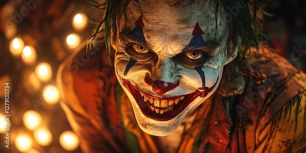 Obraz A sinister clown surrounded by candlelight, grinning wildly, evoking a dark and eerie atmosphere with its unsettling presence
