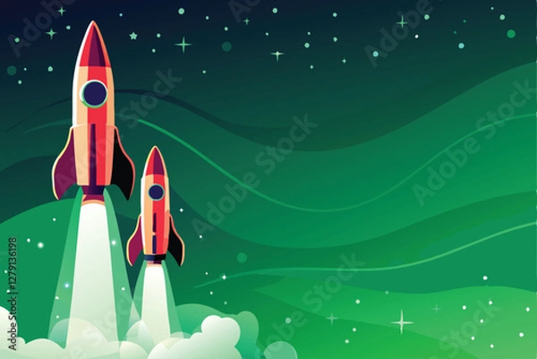 Fototapeta Design a vibrant space exploration banner featuring multiple glowing rockets launching into a starry nebula.  Include futuristic elements.