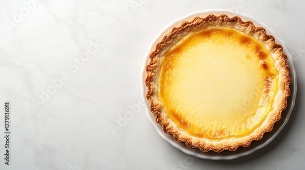 Fototapeta Classic custard tart with gold frame and fluffy custard filling. Neutral and simple background.