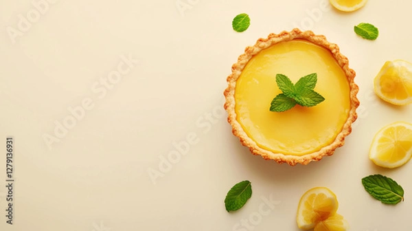Fototapeta Crisp lemon tart filled with tangy lemon curd and topped with fresh mint leaves. Airy and light bg.