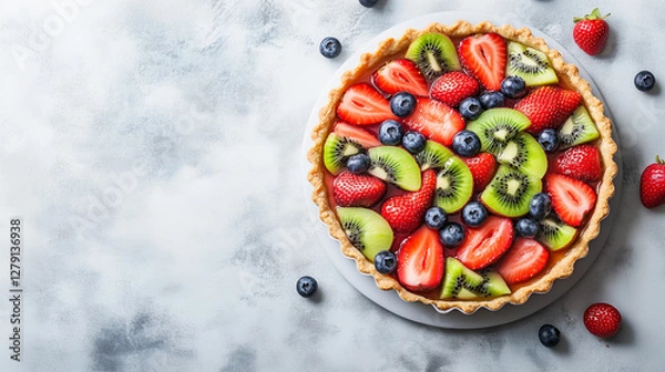 Fototapeta Buttery fruit tart topped with colorful fresh fruits such as strawberries, blueberries and kiwi.