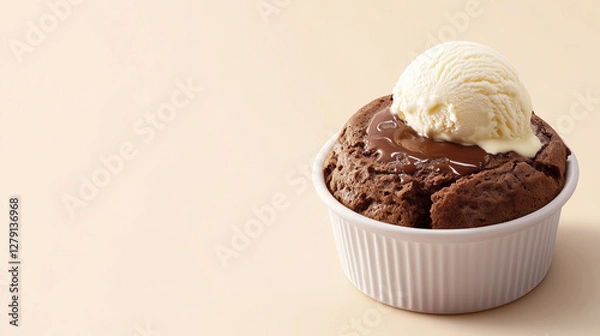 Fototapeta Warm chocolate souffle with melted filling, served with vanilla ice cream. Light and airy background