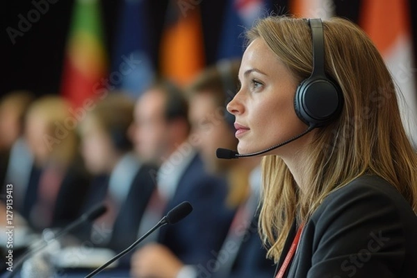 Fototapeta Female interpreter translating during an international conference