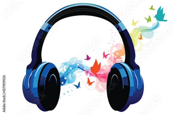 Fototapeta Create a surreal vector illustration of headphones emitting vibrant sound waves, incorporating abstract shapes and bold colors.  Focus on a captivating, otherworldly aesthetic.