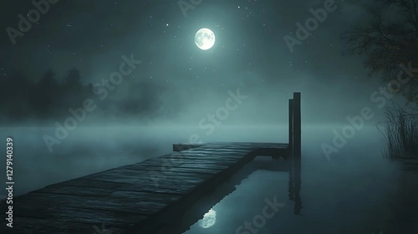Fototapeta Misty night scene with wooden dock on calm lake under full moon.