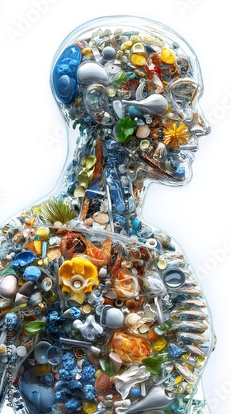Fototapeta Microplastics nanoplastics pollution. Ocean impact. Environment health. Human body impacted by microplastics from seafood consumption.