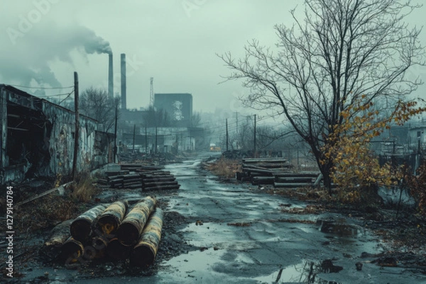 Obraz Abandoned industrial area shows remnants of a forgotten era under a cloudy, moody sky with scattered debris and overgrown vegetation along the empty street