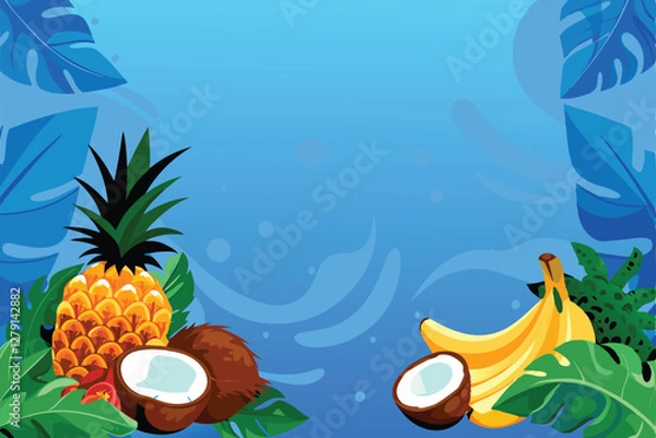 Fototapeta Design a vibrant vector banner showcasing a ripe pineapple,  featuring tropical leaves and a summery color palette.  Suitable for website or social media use.
