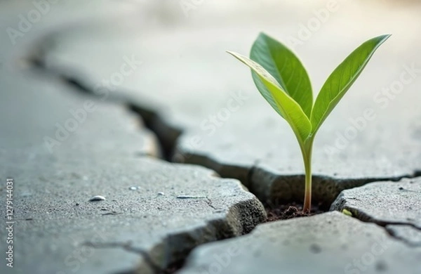 Fototapeta Sprout grows through crack in concrete slab surface. New green life makes its way in urban environment. Concept of resilience, strength, determination, hope, growth, overcoming adversity.