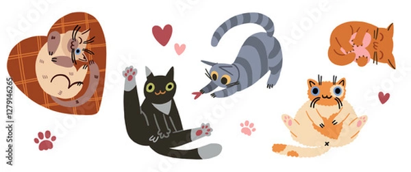 Fototapeta Cute funny cats sit, lie, play in different poses. Charming feline animals, clumsy funny kittens of different breeds. With a heart for Valentine's Day.