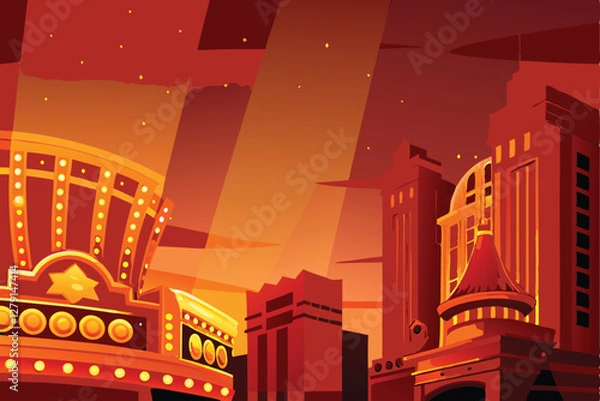 Fototapeta Create a vibrant vector illustration of a casino night scene, showcasing a roulette wheel in dynamic action.  Include playing cards, chips, and celebratory elements.