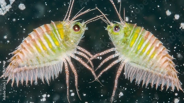 Fototapeta Pair of Striking Amphipods Close Together Reflecting in Dark Underwater Environment