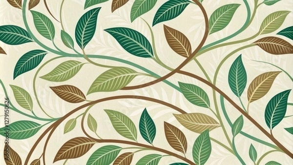 Obraz Curving Branches and Green Leaves Seamless Pattern Design, Beige Background, Botanical Illustration, Nature Artwork. Leaf pattern, Botanical art