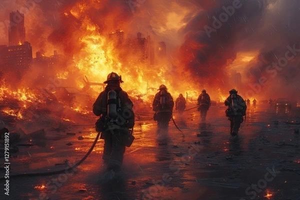 Fototapeta A heroic firefighter fighting through fire while on duty