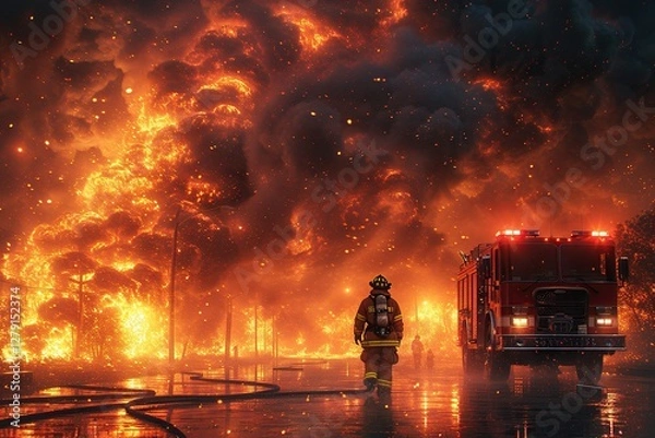Fototapeta A fearless firefighter working through thick smoke and raging fire.