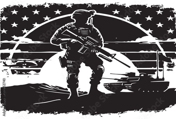 Fototapeta Military vector illustration army combat. Soldiers in action poses.