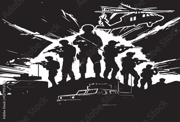 Fototapeta Military vector illustration army combat. Soldiers in action poses.