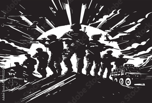 Fototapeta Military vector illustration army combat. Soldiers in action poses.
